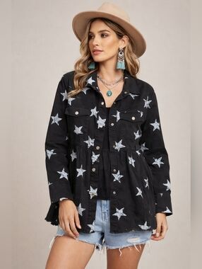 ✨ Miss Sparkling Star Print Peplum Jacket Top Size Small Boho Western ✨